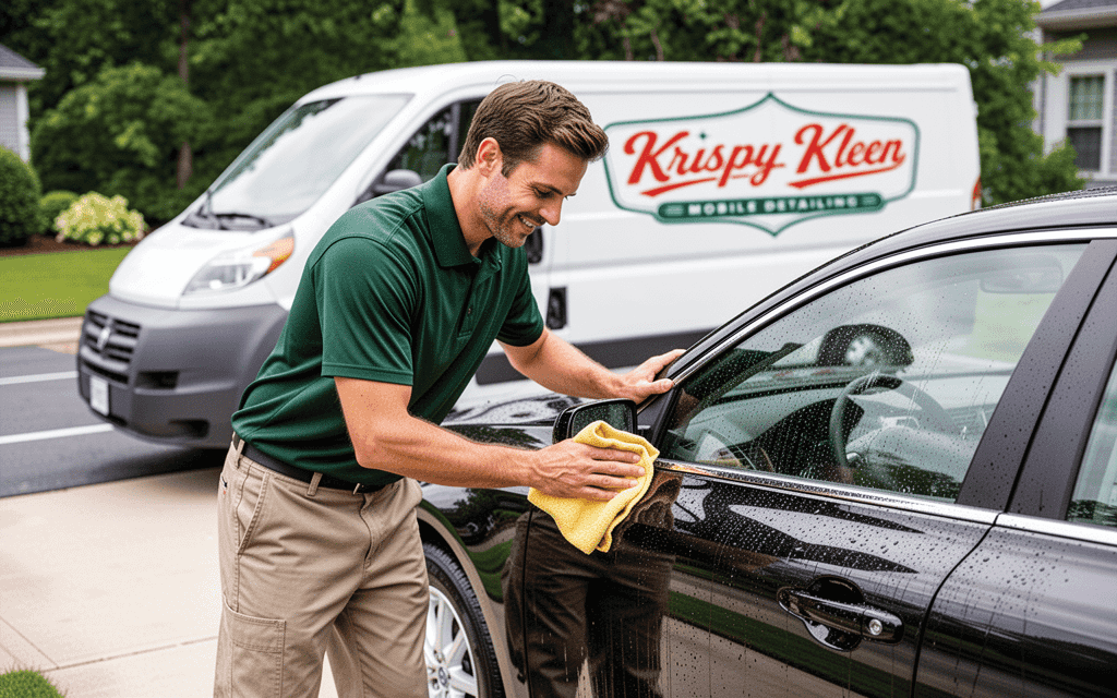 A Krispy Kleen detailer hand-drying a black sedan in a driveway, with the service van behind